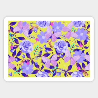 Purple Flora and Fauna Butterflies and Flowers on Chartreuse Yellow Sticker